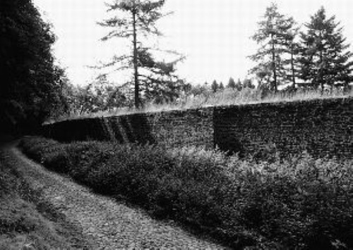 De oude gekasseide Molenweg en de muur van de voormalige moestuin.